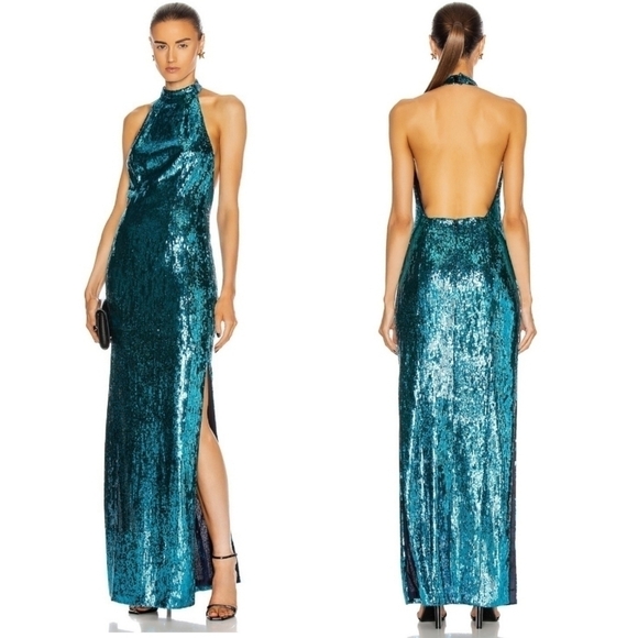 New Galvan London Oceana Turquoise Sequin Halter Maxi Evening Gown NWT Size 2 - Picture 1 of 17